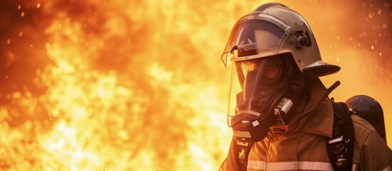 A firefighter wearing personal protective equipment including a helmet and gas mask stands in front of a raging fire in an action film scene