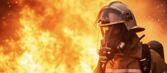 Fototapeten A firefighter wearing personal protective equipment including a helmet and gas mask stands in front of a raging fire in an action film scene © TheWaterMeloonProjec