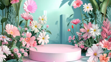 3D podium for cosmetic products surrounded spring flower background.