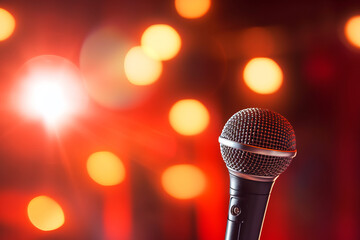 Close-Up of Microphone Against Blurred Stage Lights, Live Performance and Entertainment
