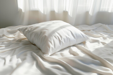 Soft fluffy down pillow resting upon a crisp white sheet.