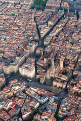 Aerial high angle view of Barcelona old town buildings, Spain. Late afternoon light - 740422975