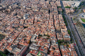 Aerial high angle view of Barcelona old town buildings, Spain. Late afternoon light - 740423160
