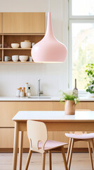 Fototapeta na wymiar A Scandinavian-inspired kitchen with white walls, light wood cabinets, and a vibrant pink pendant light.