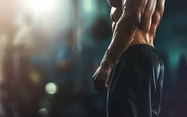 Gordijnen bodybuilder man on blured gym background. gym or health concept. Space for text © Syed Qaseem Raza