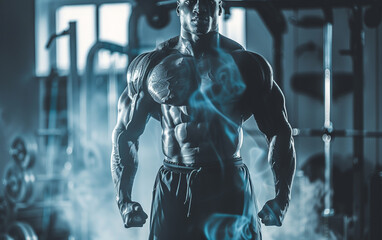 bodybuilder man on blured gym background. gym or health concept. Space for text