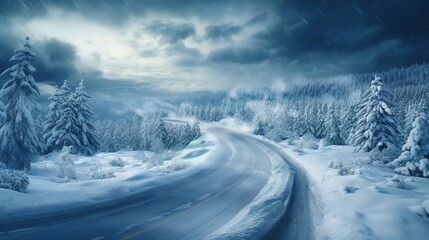 Fototapeta na wymiar Aerial view of a winter snowcovered road with Serpentine Switchbacks in a forest ai generative