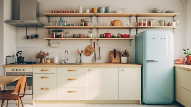 A Scandinavian-inspired kitchen featuring white cabinets, light wood accents, and colorful retro-inspired appliances.