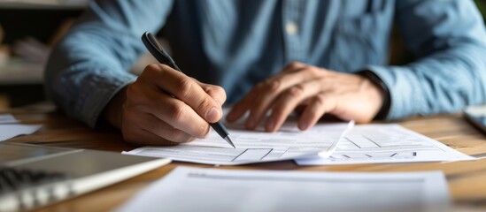 Focused young woman sitting at a wooden table writing notes with a pen