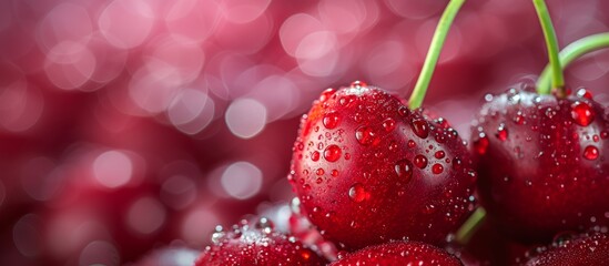 A variety of cherries with water drops, a natural food with moisture, on a red background. These seedless fruits are filled with liquid and are a juicy ingredient in many dishes