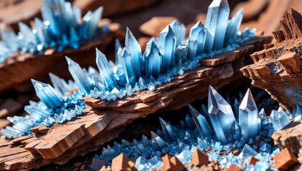 Translucent blue aquamarine like faceted crystal point formations on layers of brown sandstone rock. Detailed macro closeup.