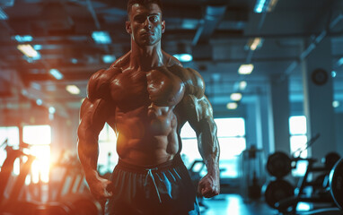 Fototapeta na wymiar bodybuilder man on blured gym background. gym or health concept. Space for text