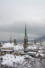 Snow covered Zurich City skyline, Zurich, Switzerland