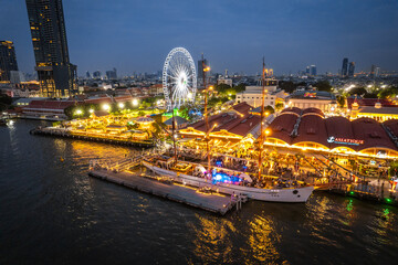 Aerial view of Asiatique The Riverfront open night market at the Chao Phraya river in Bangkok, Thailand