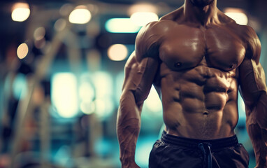 Fototapeta na wymiar bodybuilder man on blured gym background. gym or health concept. Space for text