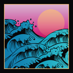 Fototapeta na wymiar MInimalist Japanese Style Waves And Moon In Cyberpunk Gradient Color Illustration