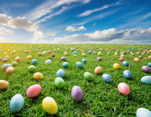 Fototapeta na wymiar Large grass field and blue sky with thousand of small easter eggs