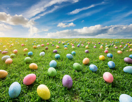 Large grass field and blue sky with thousand of small easter eggs