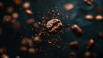 Coffee beans falling in the air on a dark background.