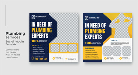 Plumbing service social media post template, Web banner template