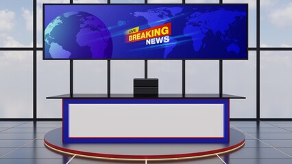 white table and led background in a news studio room.3d rendering.