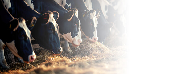 Cows eating hay in cowshed on dairy farm, meat and milk production banner concept - obrazy, fototapety, plakaty