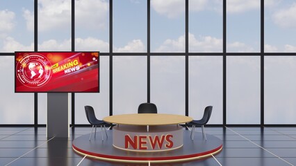 wooden table and led background in a news studio room.3d rendering.