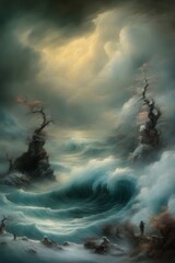 Fototapeta premium Breaking wave on a rough sea against overcast sky