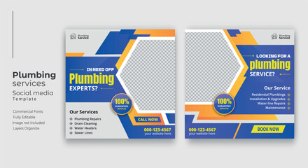 Plumbing service social media post template, Web banner template