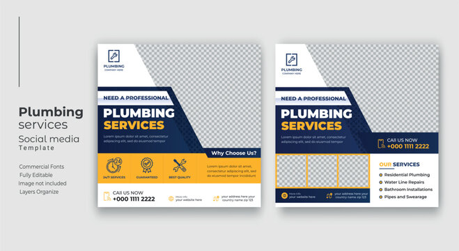 Plumbing service social media post template, Web banner template