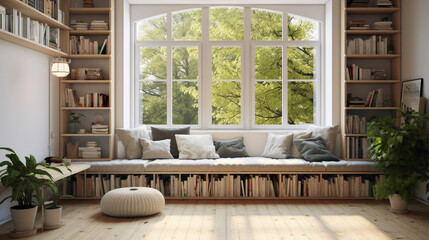 A Scandinavian-inspired living room with a cozy window seat, adorned with plush cushions and surrounded by shelves filled with books, creating a reading nook bathed in natural light.