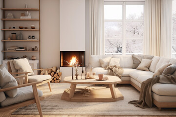 A Scandinavian-inspired living room with a touch of hygge, featuring a cozy fireplace, plush rugs, and comfortable seating arrangements for relaxation and connection.