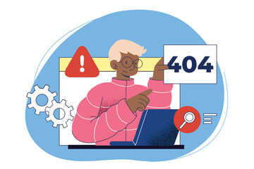 404 Error Concept Illustration. Man holding 404 symbol, while looking on his laptop. Crash 404 error.