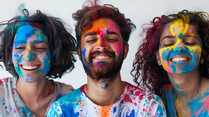Photoshoot of happy Indian faces covered in colour, holi celebration