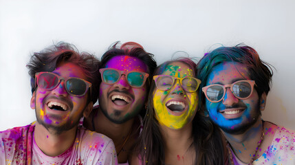 Photoshoot of happy Indian faces covered in colour, holi celebration
