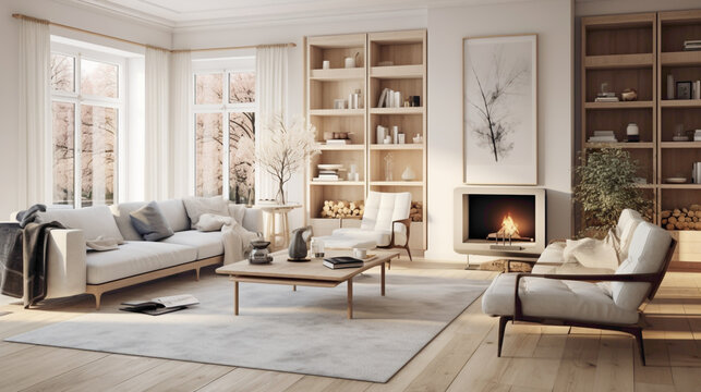 A Scandinavian-inspired living room with a blend of traditional and contemporary elements, creating a timeless and elegant space