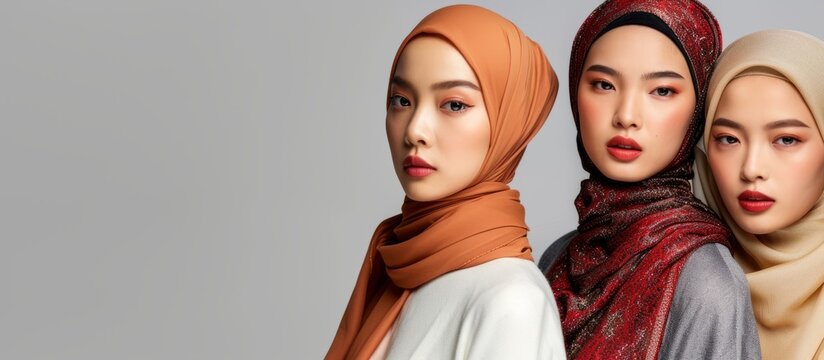 Fashion photo of three models wearing hina, traditional Japanese kimono attire