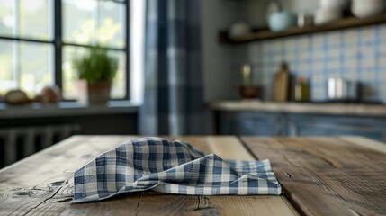 Admire the rustic charm of a wooden table adorned with a checkered tablecloth, complemented by a close-up of a napkin, creating a cozy kitchen ambiance. - obrazy, fototapety, plakaty