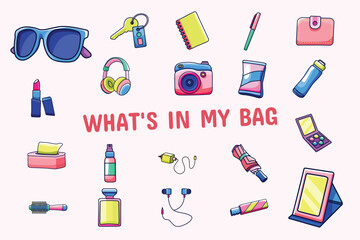 What's in my bag Lineal Color Vector Illustration Icon Sticker Set Design Materials
