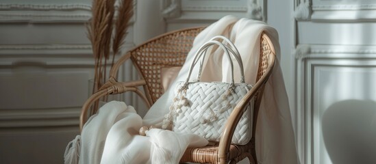 A hardwood wicker chair adorned with a cozy blanket and a bag, providing comfort for tired thighs at an event in a room with wooden flooring