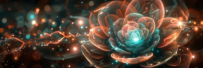 Digital Artwork of a Flower Rose exhibiting a Striking Interplay of Color and Light - Flower is Centrally placed and Seems to Emerge from Darkness into Light created with Generative AI Technology - obrazy, fototapety, plakaty