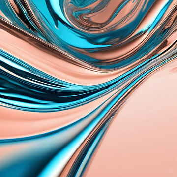 Curved Flowing Metallic Chrome Fluid in Blue and Peach color, Motion Abstract Art