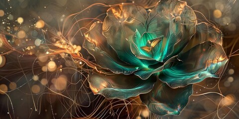 Digital Artwork of a Flower Rose exhibiting a Striking Interplay of Color and Light - Flower is Centrally placed and Seems to Emerge from Darkness into Light created with Generative AI Technology - obrazy, fototapety, plakaty