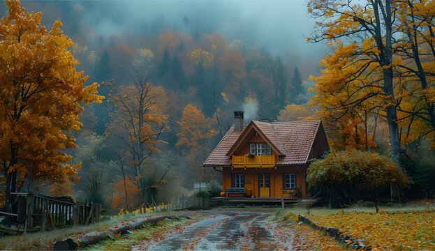 autumn is a colorful time when people decorate their houses, in the style of swiss style, lush landscape backgrounds, panorama, agfa vista, naturalistic landscape backgrounds, spectacular backdrops