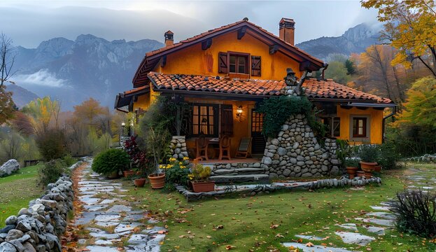 autumn is a colorful time when people decorate their houses, in the style of swiss style, lush landscape backgrounds, panorama, agfa vista, naturalistic landscape backgrounds, spectacular backdrops