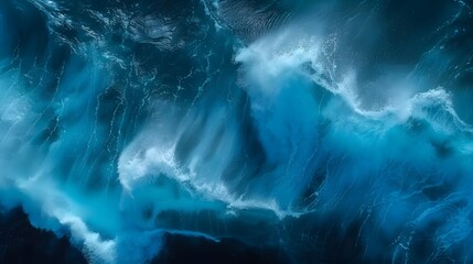 From above aerial view of turquoise ocean water with splashes and foam for abstract natural...