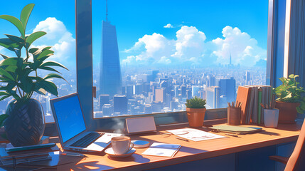 高層階オフィスのデスクにパソコンとコーヒー　コワーキングスペース　フリーランス　副業