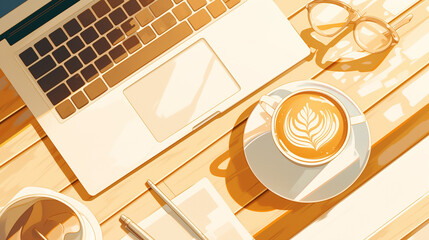 テーブルに置いてあるノートパソコンとコップ　フリーランス　副業　俯瞰