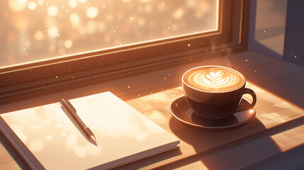 テーブルに置かれたコーヒーとノート　ペン　カフェ　休憩　アイデア　フリーランス　副業