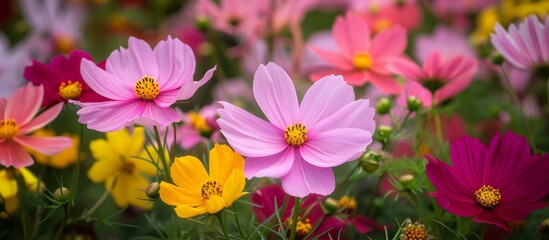 A vibrant assortment of flowers, including magenta blooms, spring from the grassy field. These flowering plants add a burst of color to the terrestrial landscape